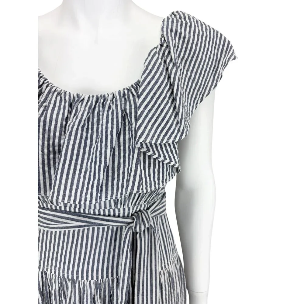 Tory Burch Women's Eyelet Striped Seersucker Midi Dress Blue White Size 2